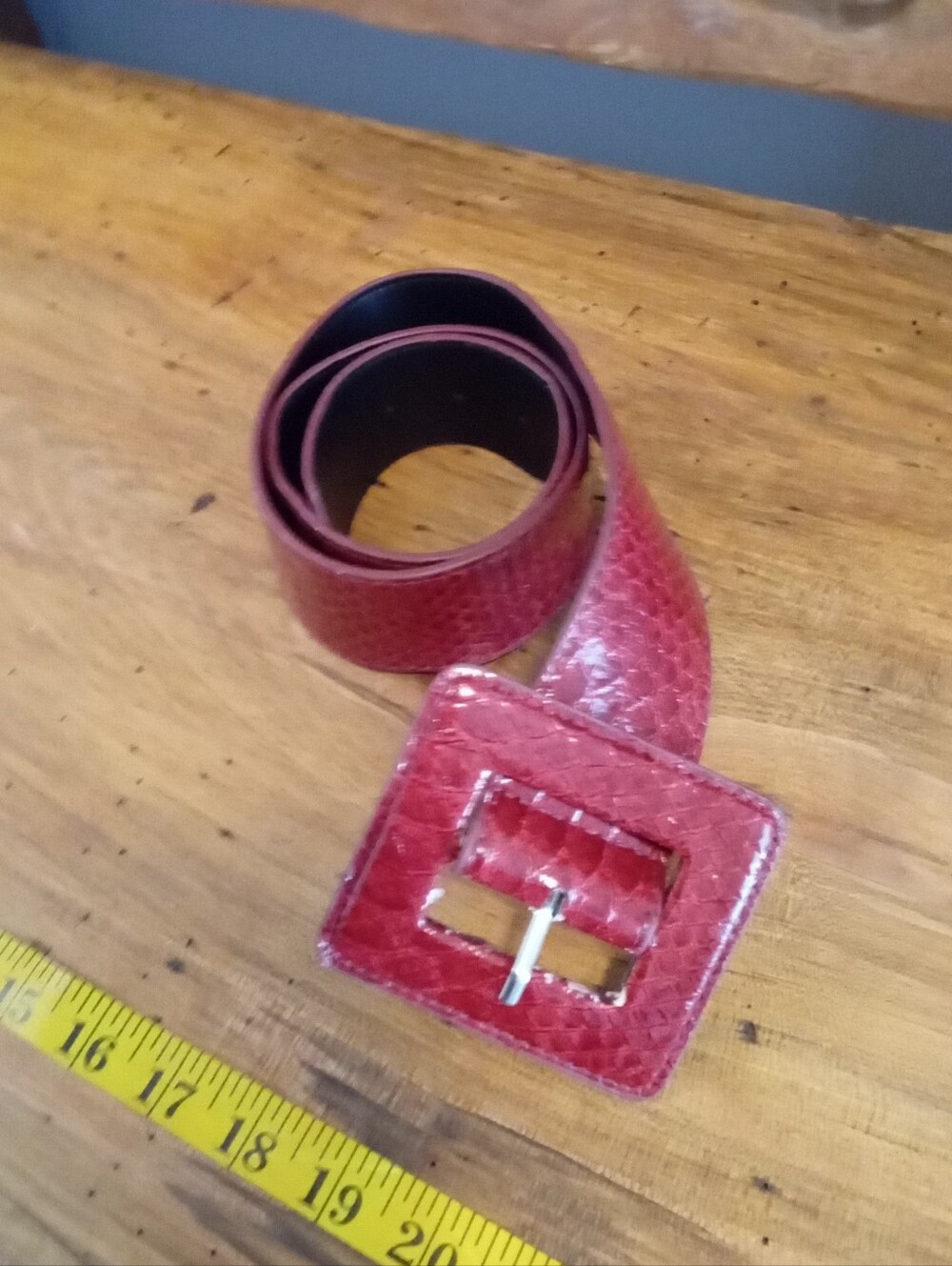 Red Snakeskin Print Faux Leather Wide Band Belt with Square Buckle Sz S